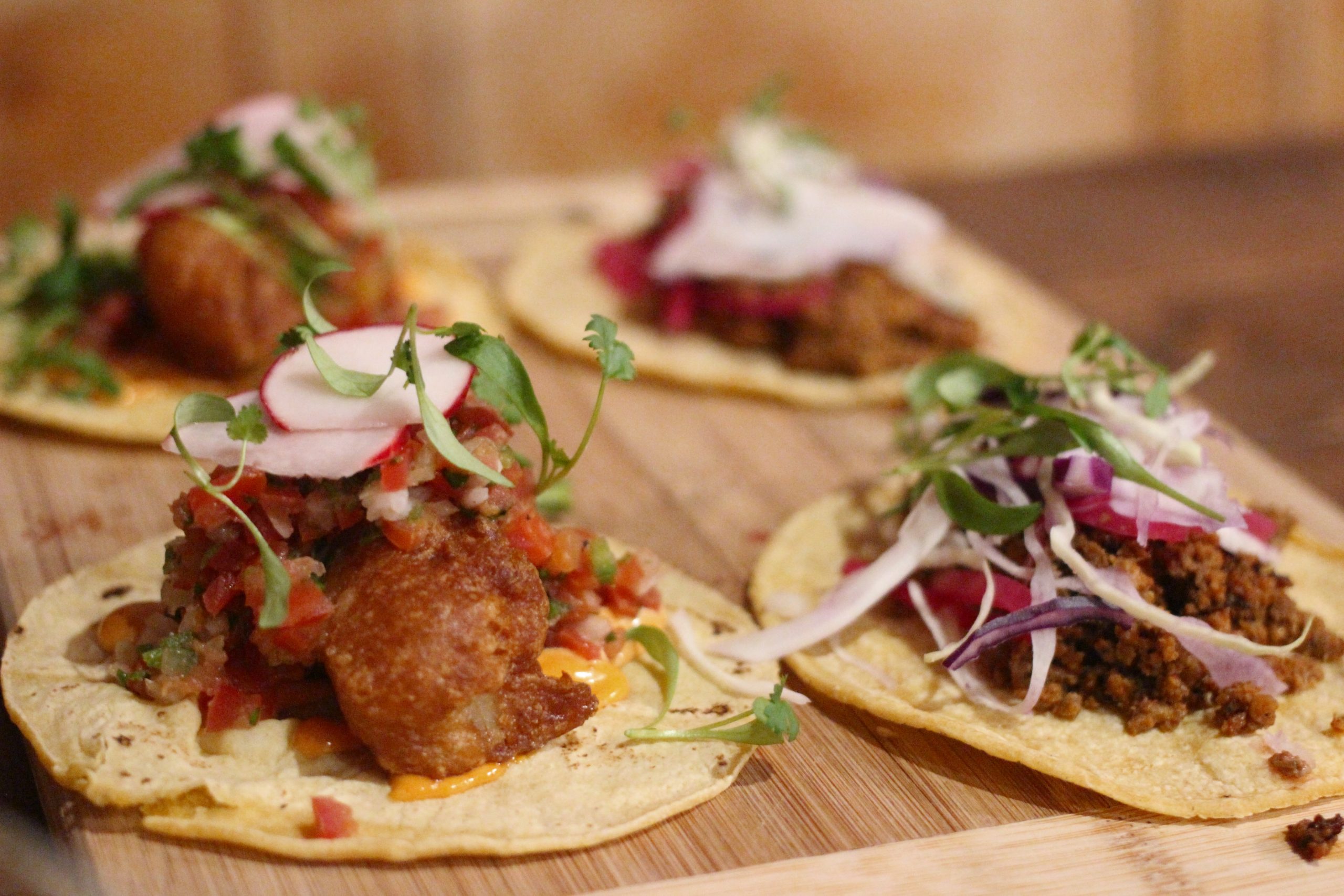 fish tacos on cutting board